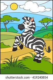 Cartoon wild animals for kids. Little cute zebra stands in the grass and smiles.