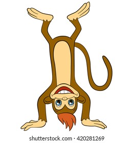 Cartoon wild animals for kids. Little cute monkey stands upside down and smiles. He is happy.