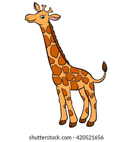 Cartoon wild animals for kids. Little cute spotted giraffe with long neck stands and smiles. He is happy.