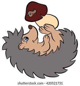 Cartoon wild animals for kids. Little cute hedgehog holds a mushroom with worm and smiles.