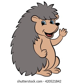 Cartoon wild animals for kids. Little cute hedgehog waves his hand and smiles. He is happy.