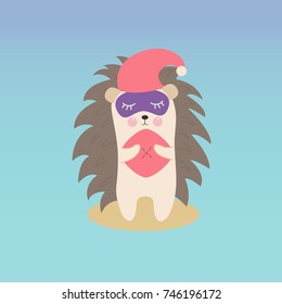 Cartoon wild animals for kids little cute hedgehog in sleep mask and cap. Hold a pink pillow. Vector illustration