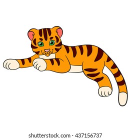 Cartoon wild animals for kids: Tiger. Little cute baby tiger lays and smiles.