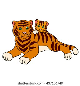 Cartoon wild animals for kids: Tiger. Mother tiger lays with her little cute baby tiger and smiles.