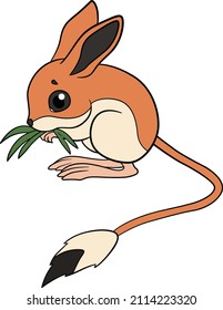 Cartoon wild animals. Little cute brown baby jerboa stands and eats grass.