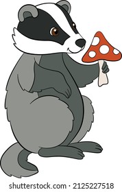 Cartoon wild animals. Little cute gray badger stands with amanita in the hands and smiles.