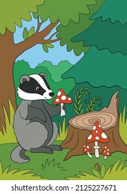 Cartoon wild animals. Little cute badger sits, smiles and holds an amanita in the hands.