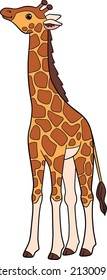 Cartoon wild animals. Little cute baby giraffe with long neck stands and smiles.
