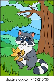 Cartoon wild animals. Little cute raccoon holds an oak twig in the hands and smiles.
