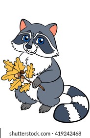 Cartoon wild animals. Little cute raccoon holds an oak twig in the hands and smiles.