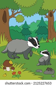 Cartoon wild animals. Mother badger stands with her little cute baby badger in the forest.