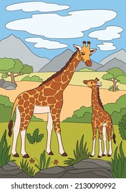 Cartoon wild animals. Mother giraffe lays with her little cute baby giraffe. They smile.