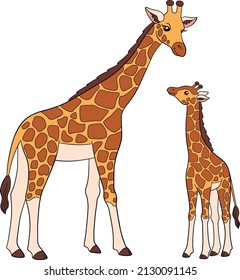 Cartoon wild animals. Mother giraffe lays with her little cute baby giraffe. They smile.