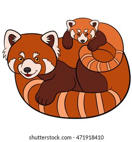 Cartoon wild animals. Mother red panda with her little cute baby.