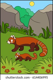 Cartoon wild animals. Mother red panda walks with her little cute baby and smiles.