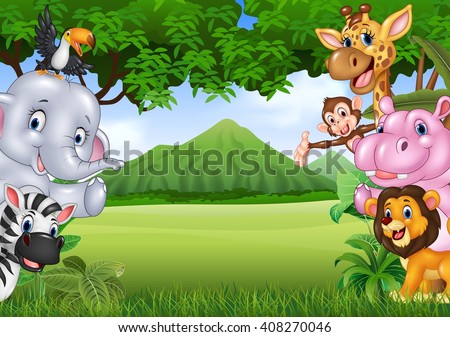 Cartoon wild animals with nature landscape background