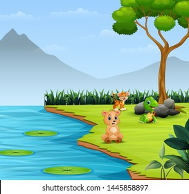 Cartoon Wild animals playing by the river