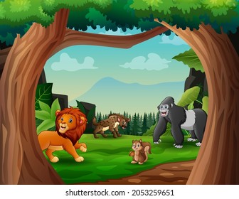 Cartoon wild animals playing in the green field illustration