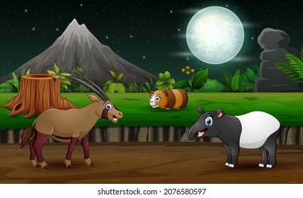 Cartoon wild animals playing in the night landscape