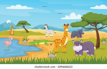 Cartoon wild animals in savannah, african safari wildlife. Cute zebra, crocodile, flamingo, giraffe, savanna landscape vector illustration. Environment with wild nature and cartoon fauna