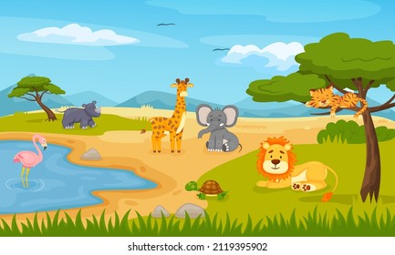 Cartoon wild animals in savannah. Outdoor environment, safari wildlife with pond for cute flamingo, giraffe, rhino and turtle. African beautiful flora and fauna vector illustration