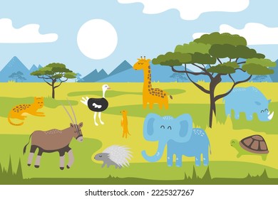 Cartoon wild animals in the savannah. Cartoon panorama with acacia trees, mountains in the background. African animals