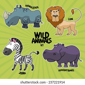 cartoon wild animals set: zebra, lion, hippopotamus, rhinoceros