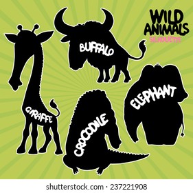 cartoon wild animals silhouette: elephant, crocodile, alligator, buffalo