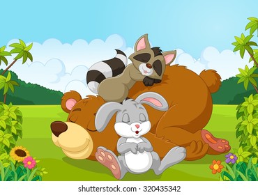 Cartoon wild animals sleeping in the jungle 