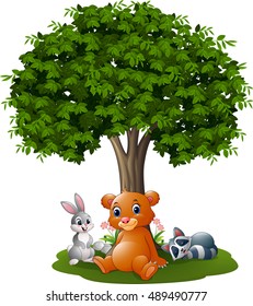 Cartoon wild animals under the tree