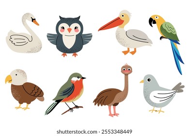 Desenhos animados de pássaros selvagens. Pássaros desenhados à mão bonitos. Coruja, cisne, avestruz, pomba, pelicano, águia, peitos. 