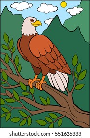 Cartoon wild birds for kids: Eagle. Cute eagle sits on the tree branch and smiles.