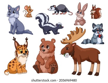 Cartoon wild cute animals. Wildlife, animals isolated clipart. Wild bear, forest bunny, deer. Childish cuteness forest dwellers garish vector characters