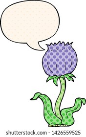 cartoon wild flower with speech bubble in comic book style