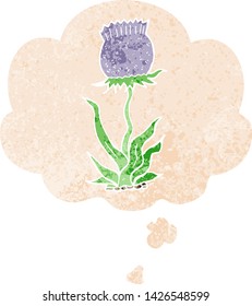 cartoon wild flower with thought bubble in grunge distressed retro textured style