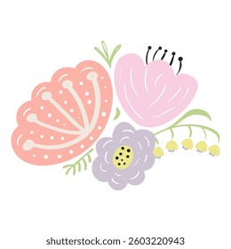 Cartoon wild flowers bouquet hand drawn illustration. Scandinavian style flat design, isolated vector. Meadow blossoms, wild florals, botanical element. Kids seasonal clip art, spring, summer print