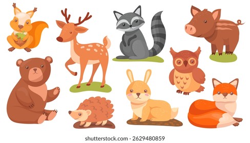 Cartoon wild forest animals. Cute woodland animal characters, childish bear adorable squirrel baby rabbit kid deer wildlife zoo wood land inhabitants set, neat vector illustration original artwork