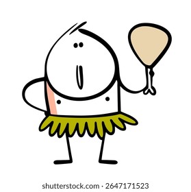 Cartoon wild man in a skirt made of plant leaves holds an animal bone. Vector illustration of an ogre, an aborigine on an island having lunch.