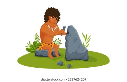 Cartoon wild prehistoric caveman character works on a solid rock. Wearing a prehistoric style loincloth, in orange with black spots. Vector illustration