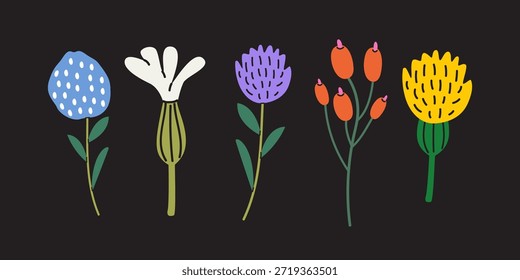 Flores de primavera salvaje de dibujos animados en estilo groovy dibujado a mano para pegatinas, tarjetas de felicitación, parches, etiquetas, sellos. Colección hippie de flores silvestres botánicas de moda. Ilustración vectorial