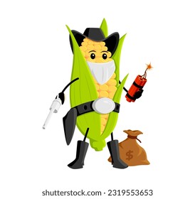 Caricatura del salvaje ladrón de mazorca de maíz occidental o personaje bandido. Vector aislado Personaje del guardabosques de maíz explosivo con saco de dinero, armado con armas y dinamita, listo para dar un giro feroz a cualquier aventura