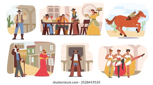 Cartoon Wild West Cowboys, Saloon Girls, And A Rider Characters. Vector Saloon Setting With Lively Bar Conversations, Horse Riding, And Music Performances, Evoking The Spirit Of The American Frontier