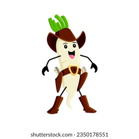 Caricatura del salvaje personaje de verduras de vaquero rábano del oeste de daikon. Vegetales aislados vectoriales frescos y vivos personajes vestidos con ropa de criador de ganado que aportan un toque lúdico con su encanto único y espíritu aventurero