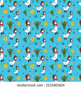 Cartoon wild west duck with cactus, vector pattern, funny illustration