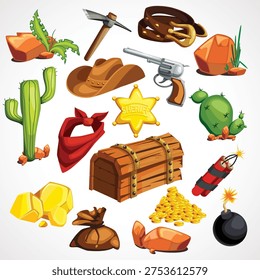 Cartoon Wild West Elements Set Cowboy Hat, Sheriff Star, Cactus, Gold Coins, Dynamite and Western Icons. Vector assets for game ui design.