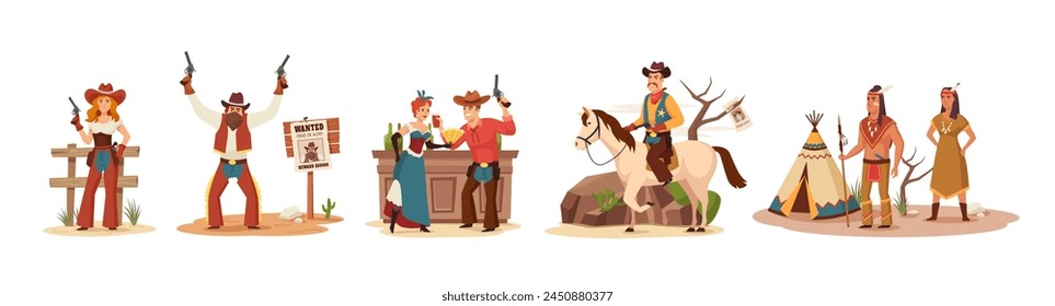 Cartoon wild west. Sheriff and cowgirl characters, wanted outlaw, saloon scene and Native Americans vector illustration set of cowgirl character and cowboy