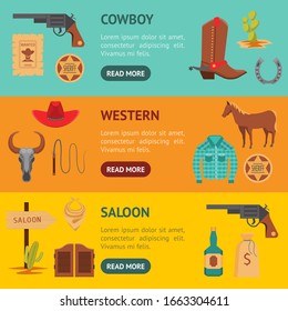 Cartoon Wild West Signs Banner Horizontal Set Include of Cactus, Sheriff Star and Gun. Vector illustration of Icons