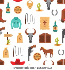 Caricatura del Oeste Salvaje firma un fondo de patrón impecable en una inclusión blanca de Cactus, sheriff Star y Gun. Iconos ilustrados por vectores