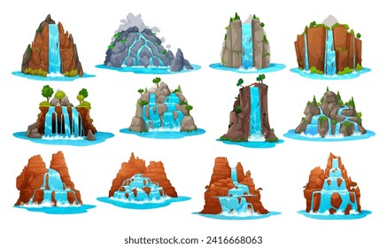 Caricatura Catarata salvaje del Oeste y cascada de agua. Valor de paisaje de juego. Corrientes de caída vectorial aisladas, chorros líquidos puros. Caída del río desde roca o montaña, fuente natural ui o gui 2d conjunto de gráficos