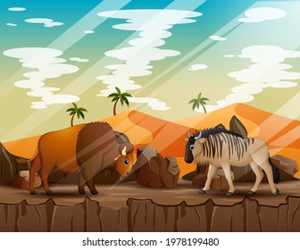 Cartoon a wildebeest and bison on the cliff
